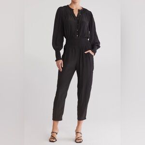 Ramy Brook Black Long-Sleeve Smocked-Waist Straight-Leg Jumpsuit